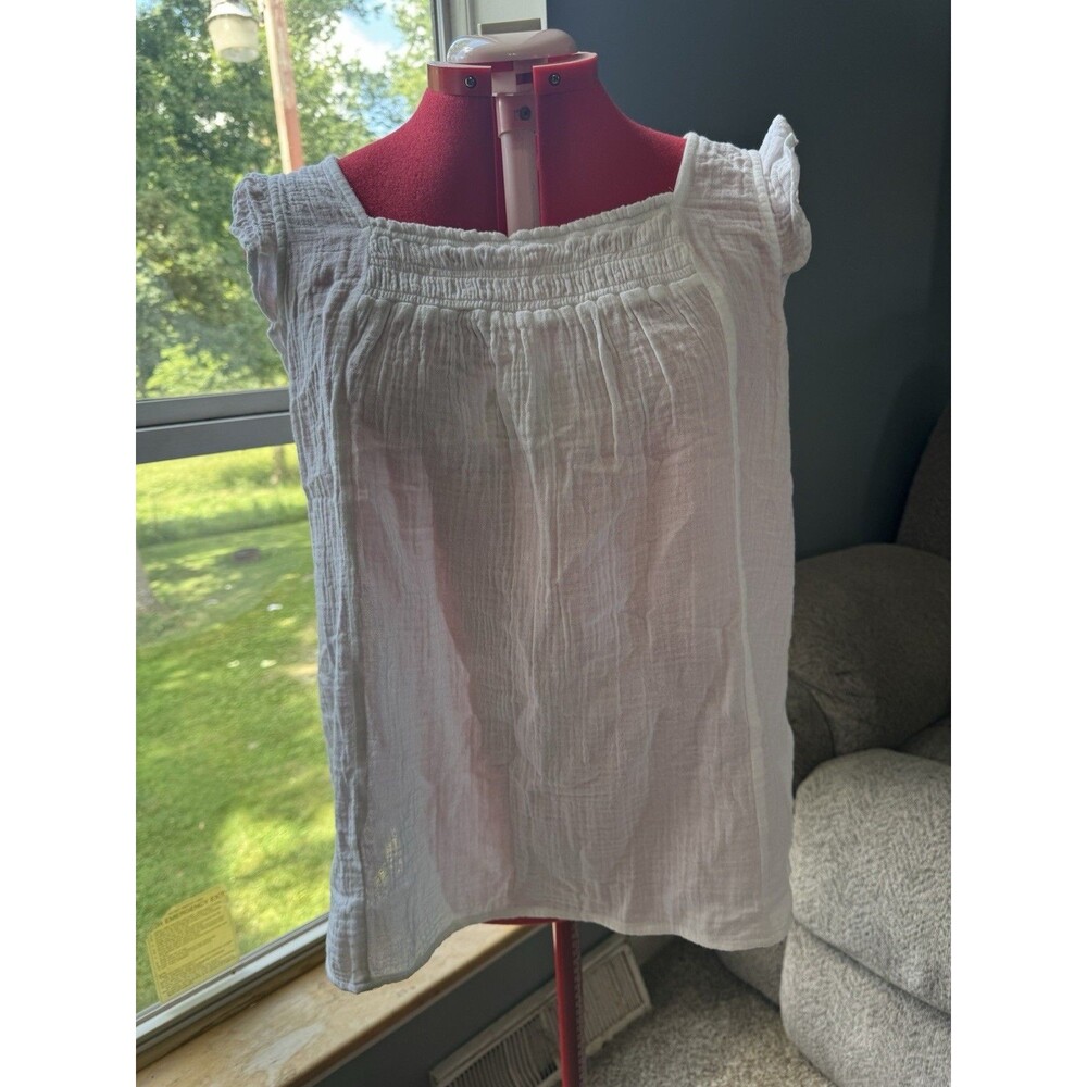BeachLunchLounge White 100% Cotton Gauze Peasant Top L Flutter Sleeve Boho